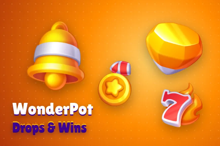 Jackpoty WonderPot i Drops & Wins w casino Robocat Casino Robocat – dzwonek, kryształ i monety z napisami WonderPot oraz Drops & Wins